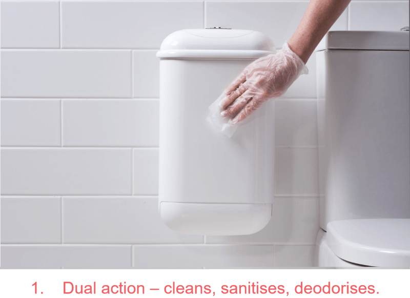 An image showing how to use Pod Protect Sanitiser Step #1 - Dual action cleans, sanitises, deodorises