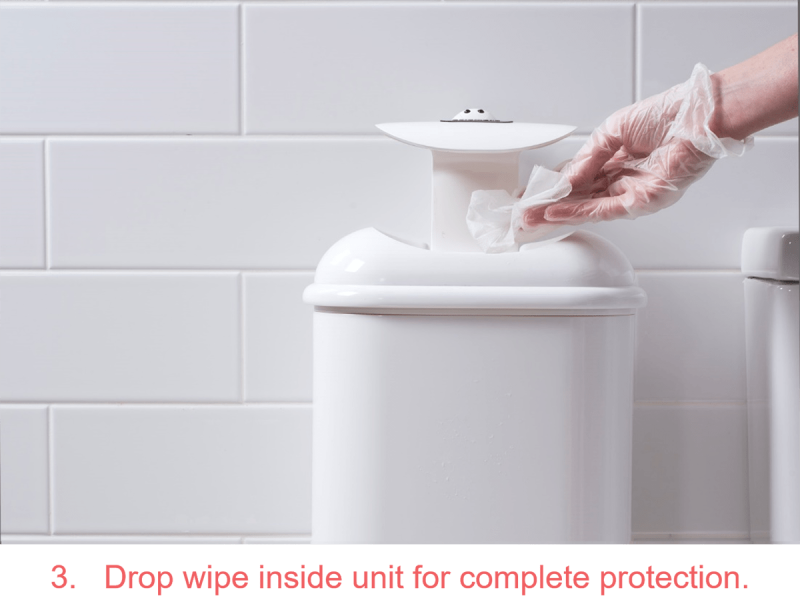 An image showing how to use Pod Protect Sanitiser Step #3 - Drop wipe inside unit for complete protection