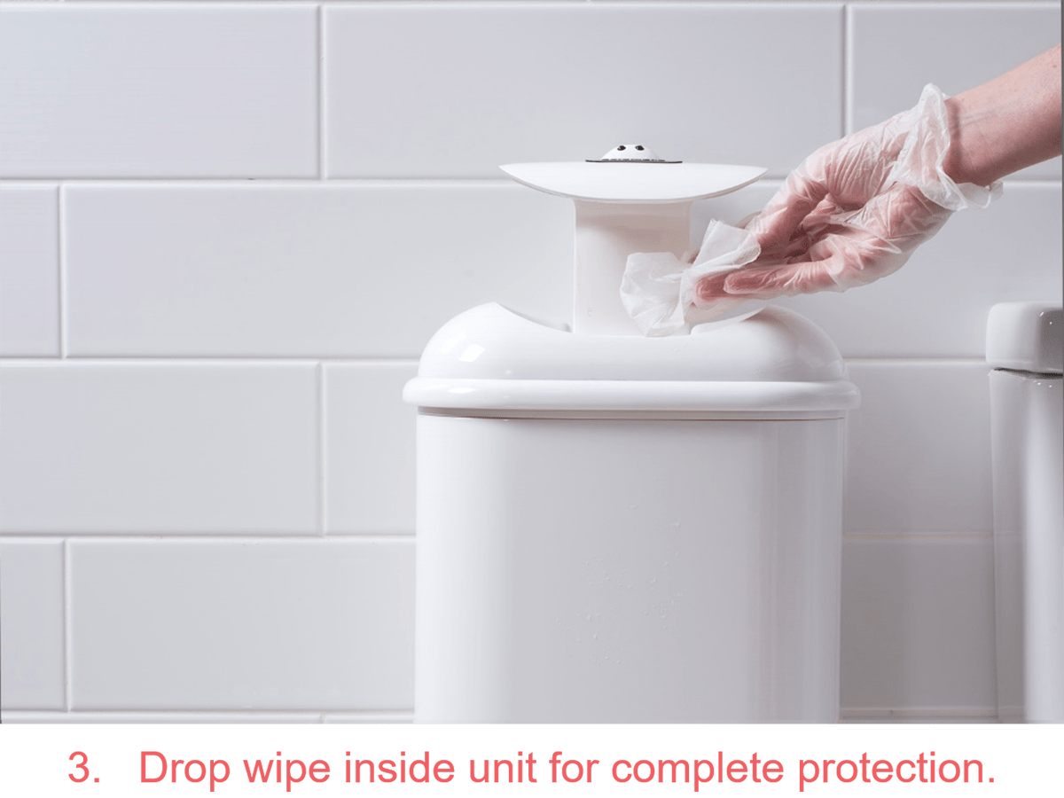 An image showing how to use Pod Protect Sanitiser Step #3 - Drop wipe inside unit for complete protection