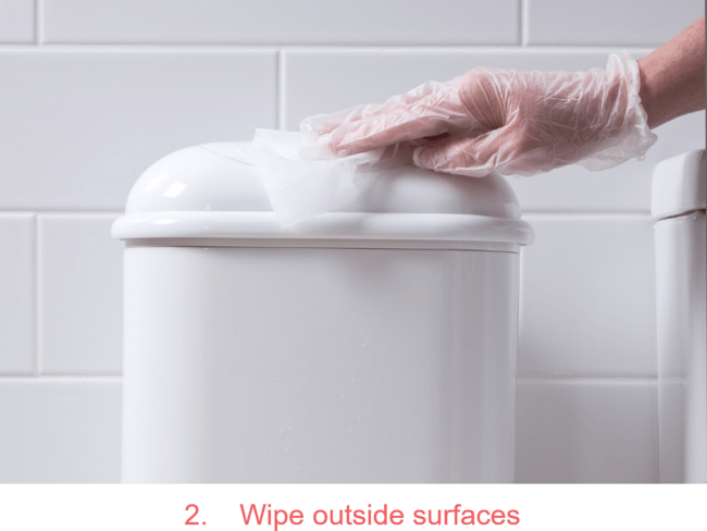 An image showing how to use Pod Protect Sanitiser Step #2 - Wipe outside surfaces