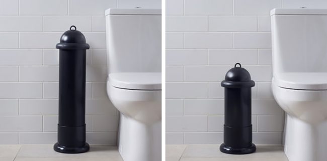 Two washroom images of Pod Classic Manual Black units free-standing in Pod Stands