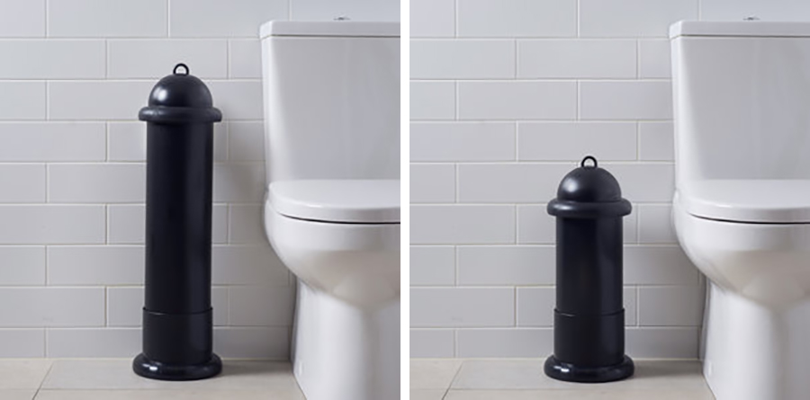 Two washroom images of Pod Classic Manual Black units free-standing in Pod Stands