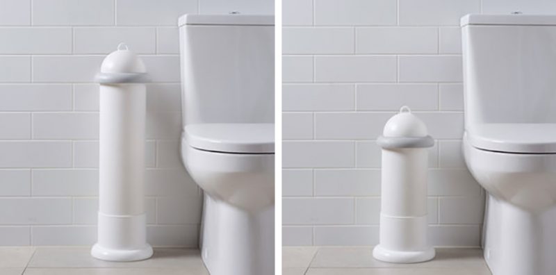 Two washroom images of Pod Classic Manual White units free-standing in Pod Stands