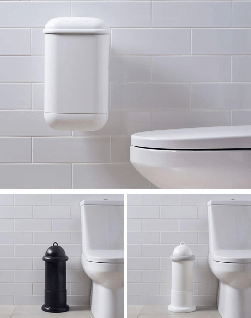 An collage image showing Pod Petite Auto unit installed on tiled while wall, and a black and white Pod Classic Mini Manual units with Pod Stands floor standing next to toilets