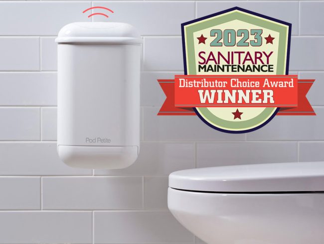 Pod Petite Auto sanitary disposal unit with Sanitary Maintenance Distributor Choice Award Winner logo