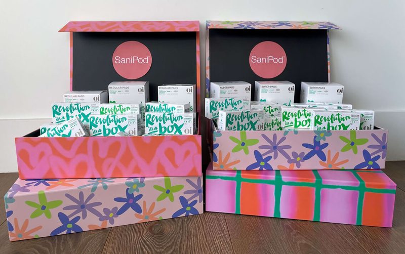 Boxes of period products donated by SaniPod to Shine NZ.