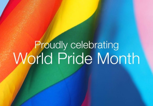 Rainbow Flag with 'Proudly celebrating World Pride Month' copy