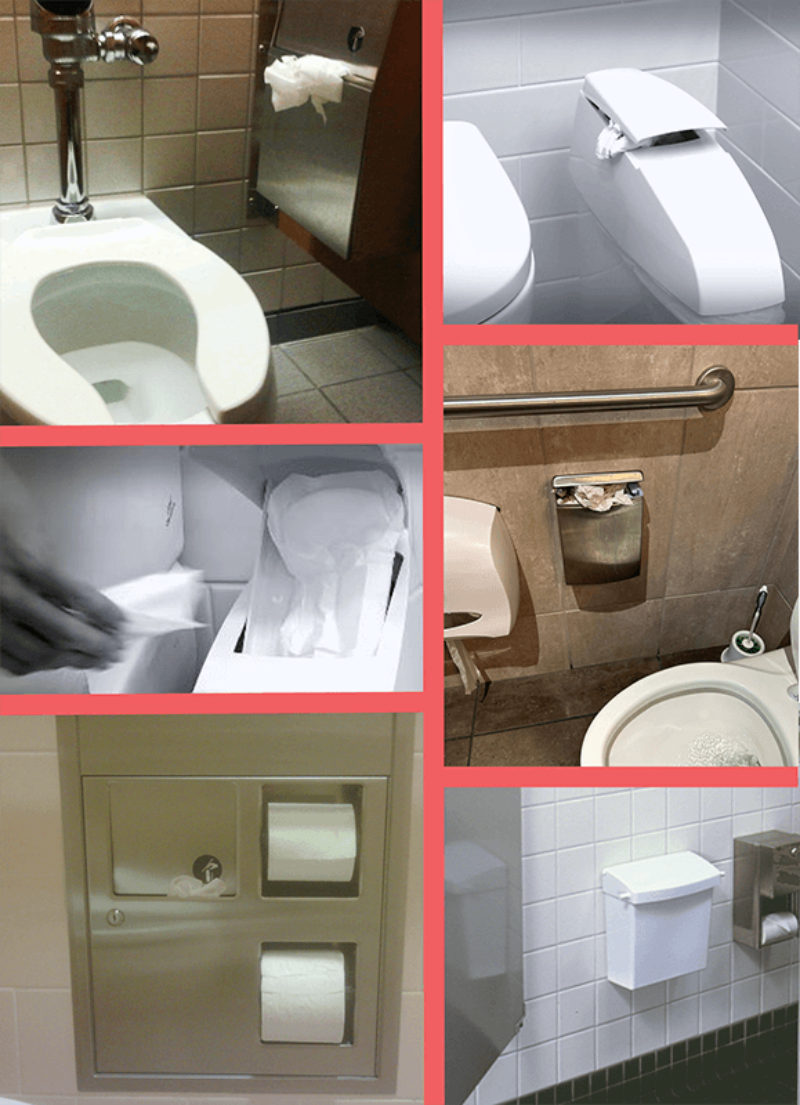 A range of unsightly and overflowing sanitary disposal units