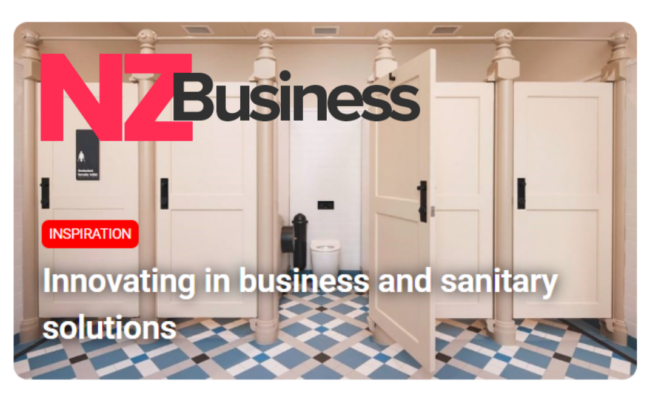 NZ Business article - SaniPod innovating in business and sanitary solutions with background image of black SaniPod unit in washroom cubicle