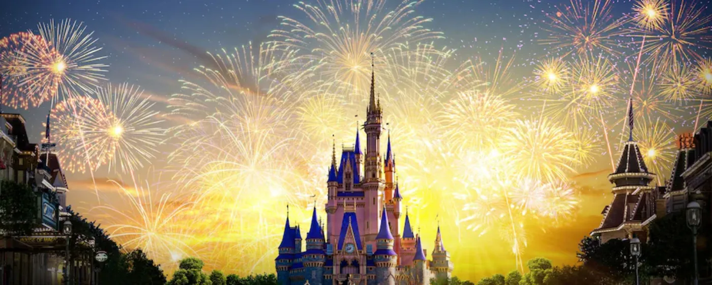 Walt Disney World in Orlando, Florida showing Disney castle with fireworks