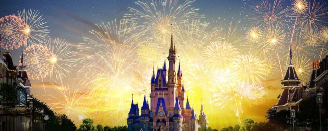Walt Disney World in Orlando, Florida showing Disney castle with fireworks