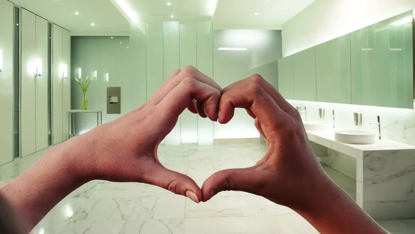 Restroom image with heart hand signalling corporate responsibility