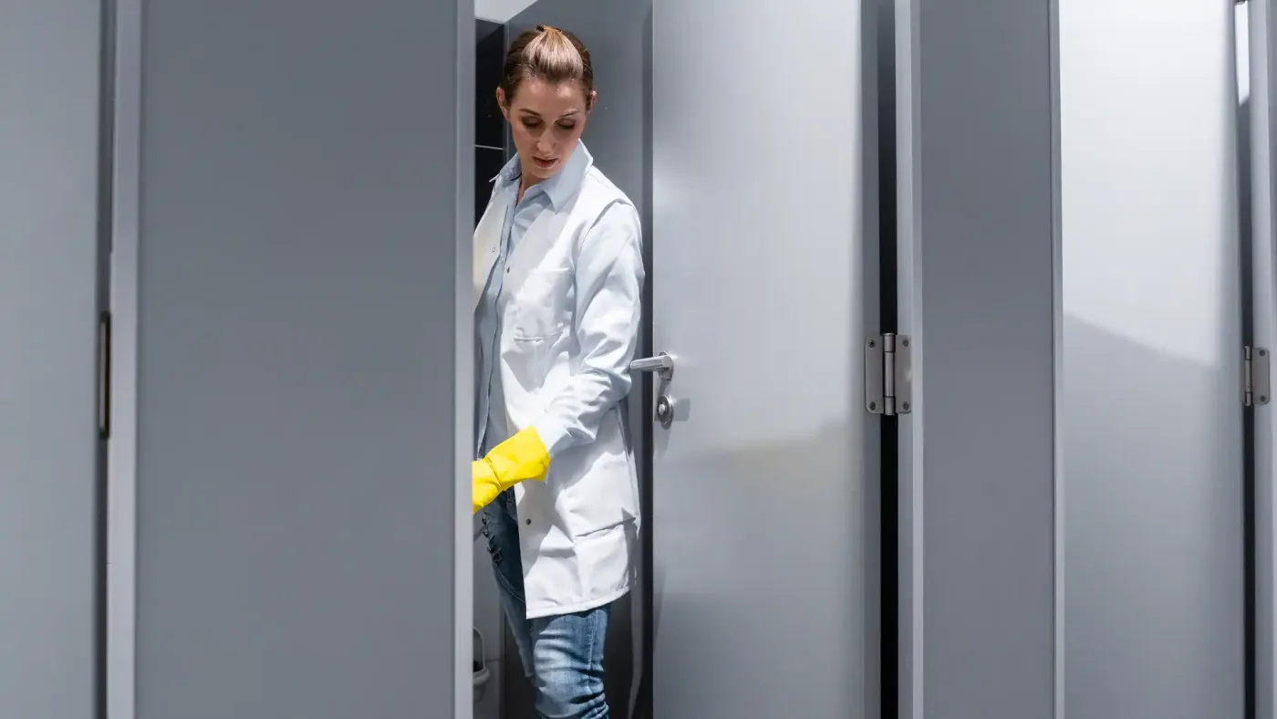 Sanitary waste management – woman cleaning restroom toilets