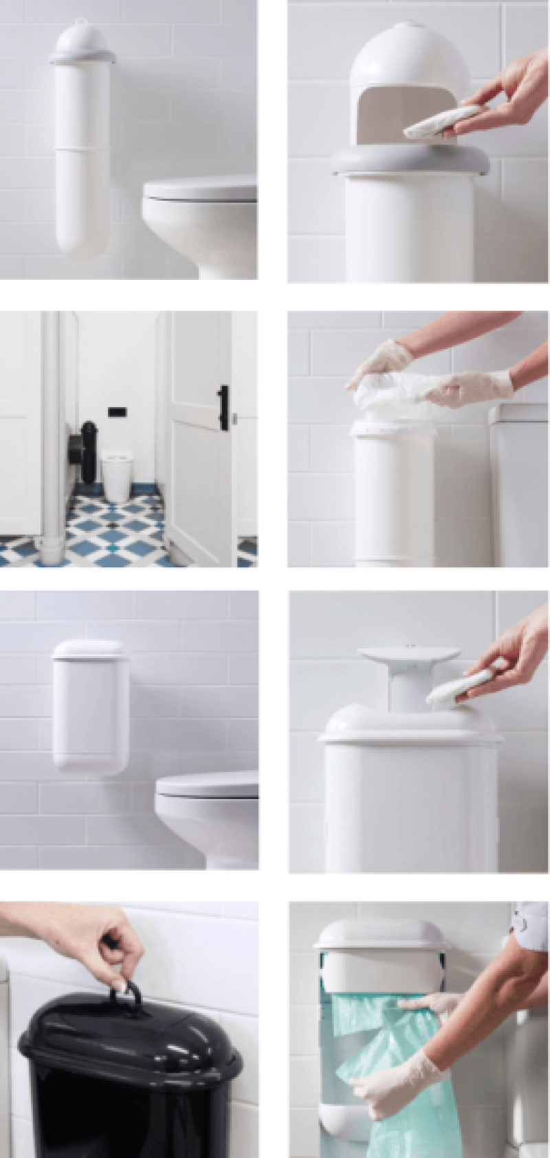 8 images depicting Pod Petite and Pod Classic sanitary disposal systems
